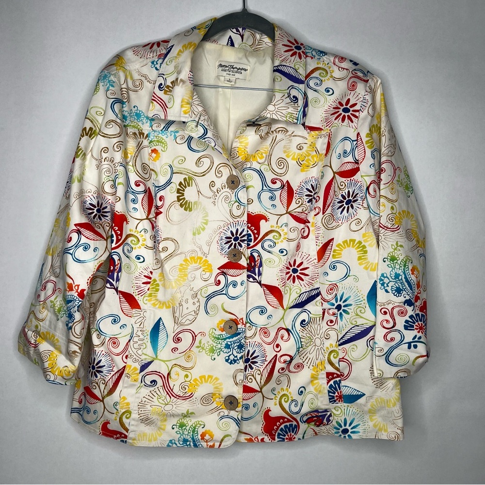 Norm Thompson‎ Vintage White Floral Cotton Spring Jacket Size L 3/4 Roll Sleeve